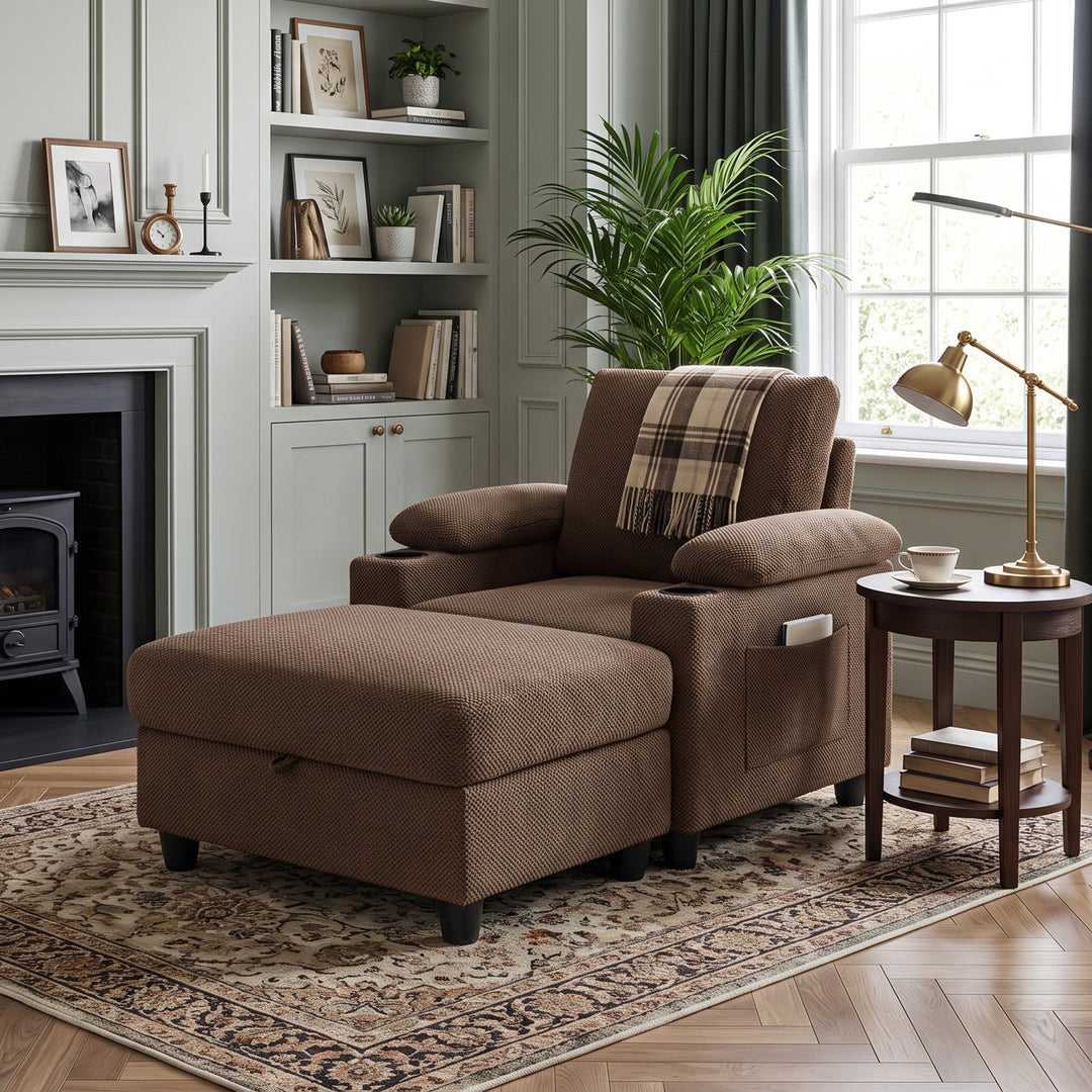 Multi-Functional Brown Corduroy Single Sofa with Adjustable Back and Hidden Storage Ottoman WOODORGANIZER