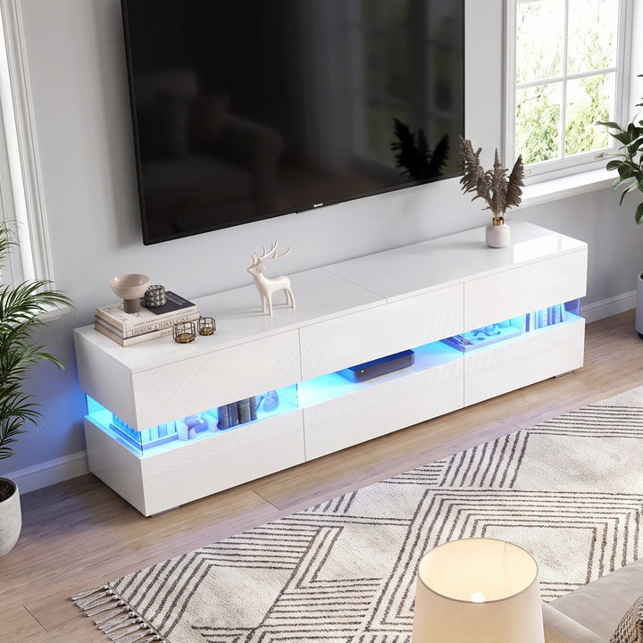 White high gloss TV stand with LED lights 4 doors 2 drawers 160cm COMPACTRESINPRIME