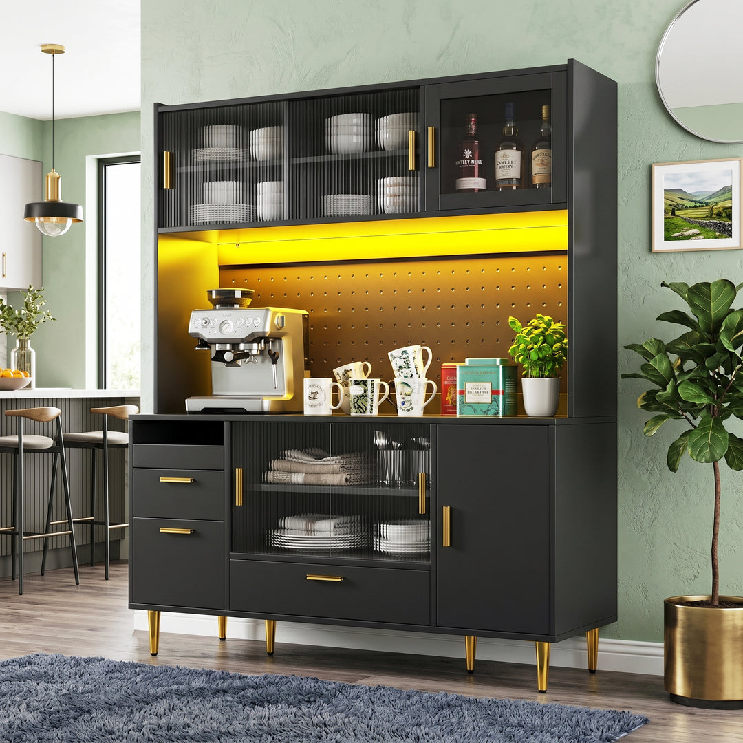 Tall black kitchen hutch cabinet with LED lighting and glass sliding doors 140×40×180cm COMPACTVASE