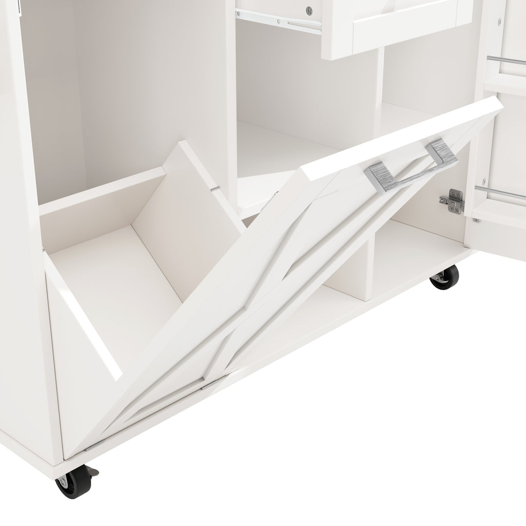 White wooden kitchen island trolley with extendable tabletop and storage cabinets ASCENDIST