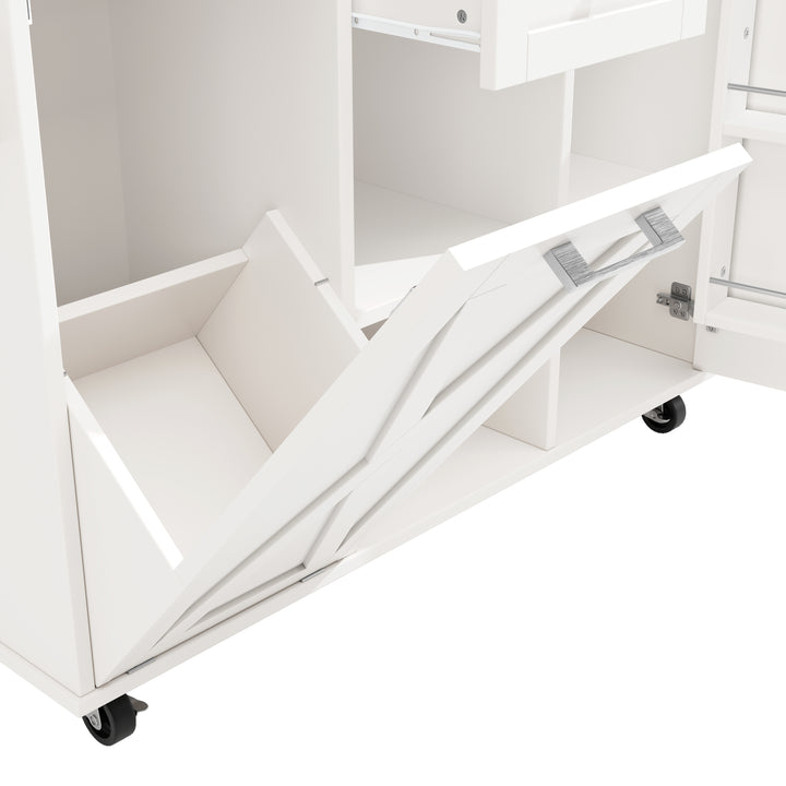White wooden kitchen island trolley with extendable tabletop and storage cabinets ASCENDIST