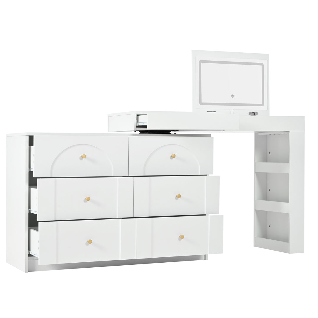 White L-shaped rotating vanity desk with LED mirror makeup table ELEGANT THROW HOME