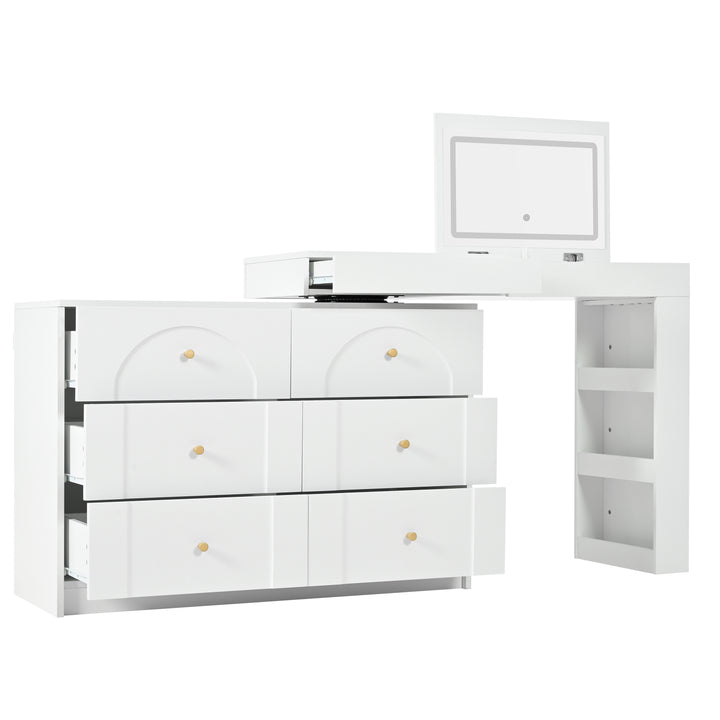 White L-shaped rotating vanity desk with LED mirror makeup table ELEGANT THROW HOME