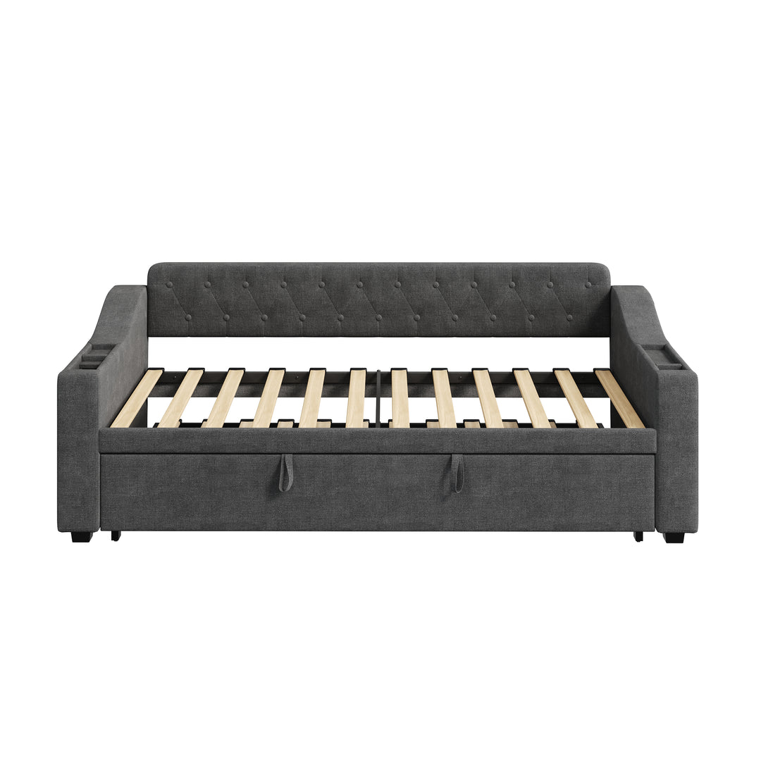 Dark grey linen tufted upholstered daybed with trundle and charging station CEARA