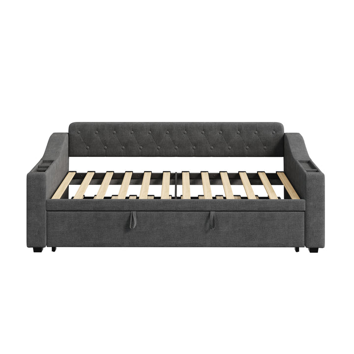 Dark grey linen tufted upholstered daybed with trundle and charging station CEARA