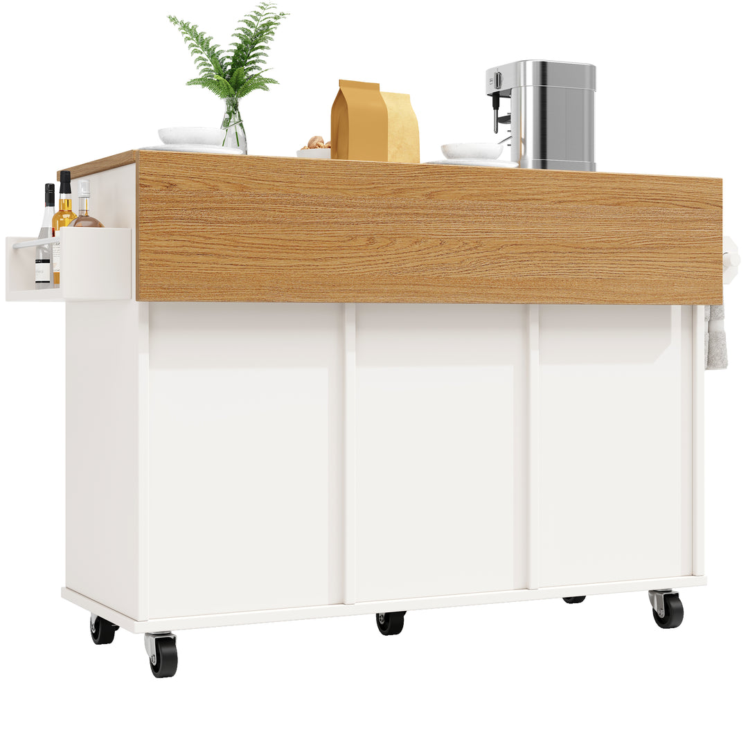 White wooden kitchen island trolley with extendable tabletop and storage cabinets ASCENDIST