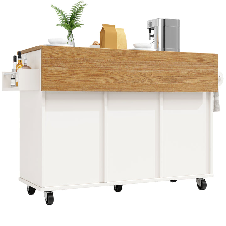 White wooden kitchen island trolley with extendable tabletop and storage cabinets ASCENDIST