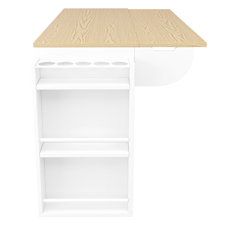 White wooden kitchen island trolley with sliding doors and fold-out worktop ASCENDAL