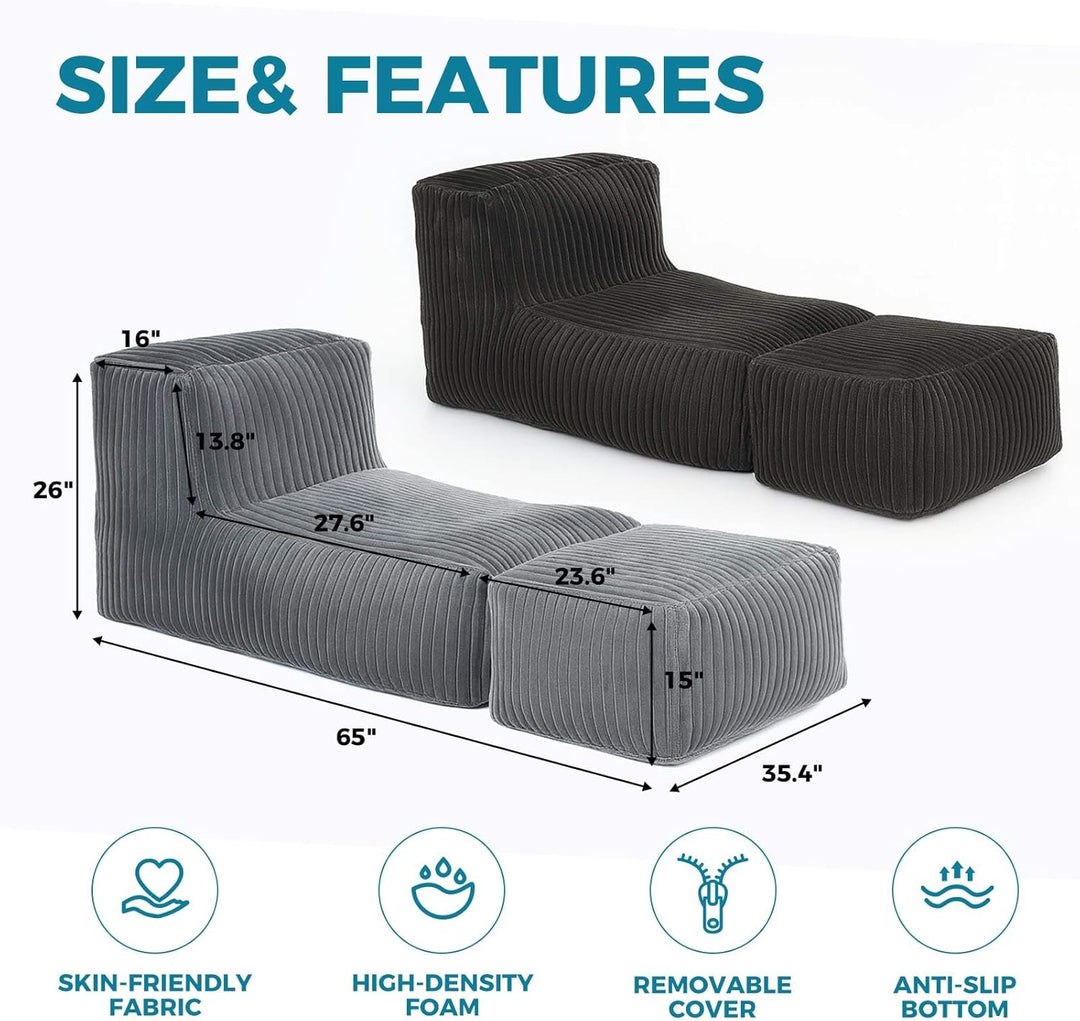 Comfy grey ribbed corduroy lazy sofa bean bag & ottoman set MYSTERIS