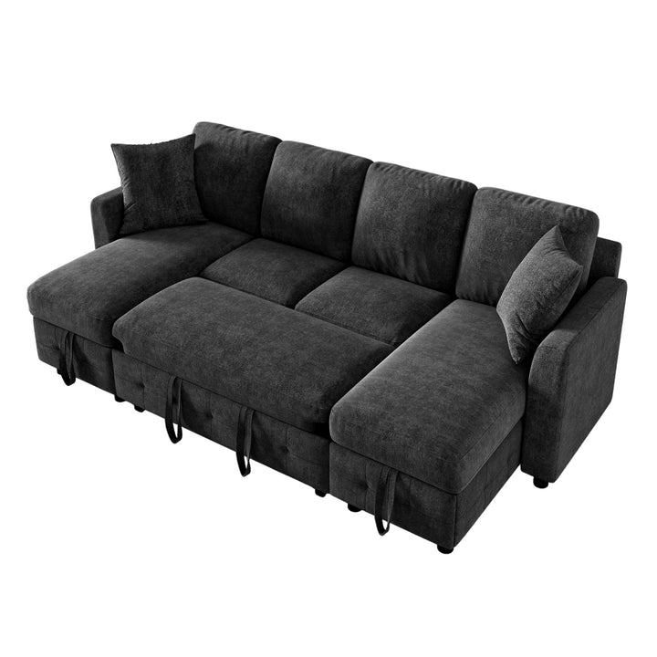 U-Shaped Sectional Sofa Grey Chenille with Pull-Out Bed &amp; 2 Storage Chaises 260cm ARROWCABINET