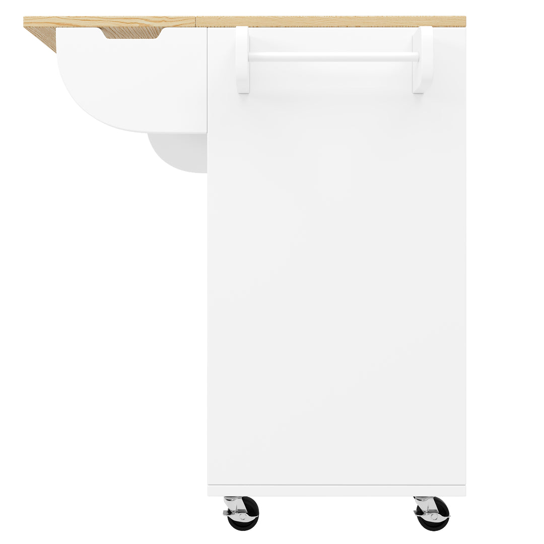 White wooden kitchen island trolley with sliding doors and fold-out worktop ASCENDAL