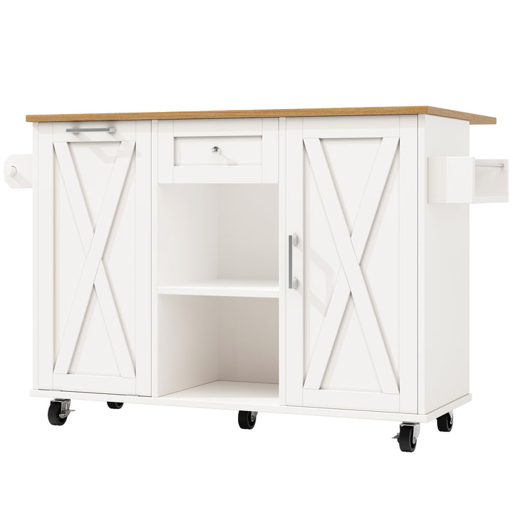 White wooden kitchen island trolley with extendable tabletop and storage cabinets ASCENDIST
