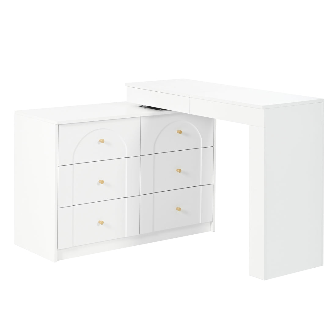 White L-shaped rotating vanity desk with LED mirror makeup table ELEGANT THROW HOME