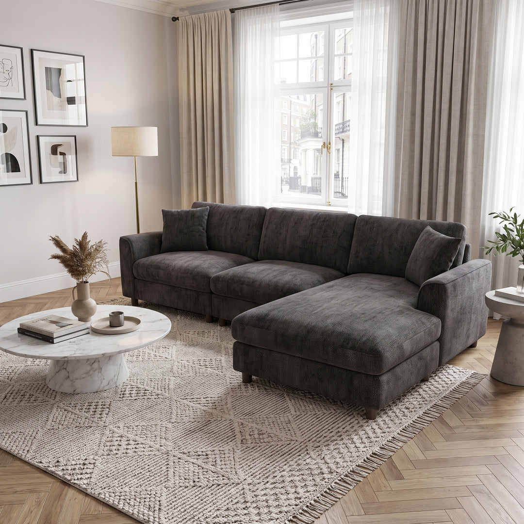 L-shaped 3-seater corner sofa, reversible chaise, chenille dark grey 256cm QUADSOFA