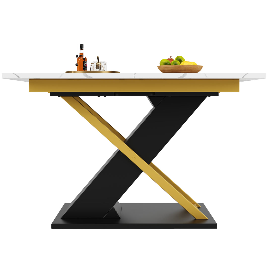 Extendable dining table 120–160 × 80 cm with marble-look top and golden cross legs COPPICEKNOLL