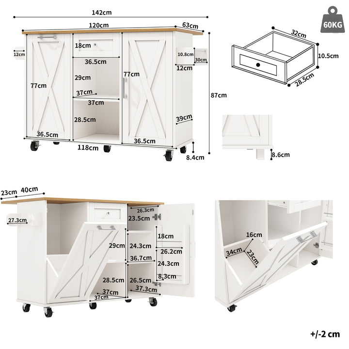 White wooden kitchen island trolley with extendable tabletop and storage cabinets ASCENDIST