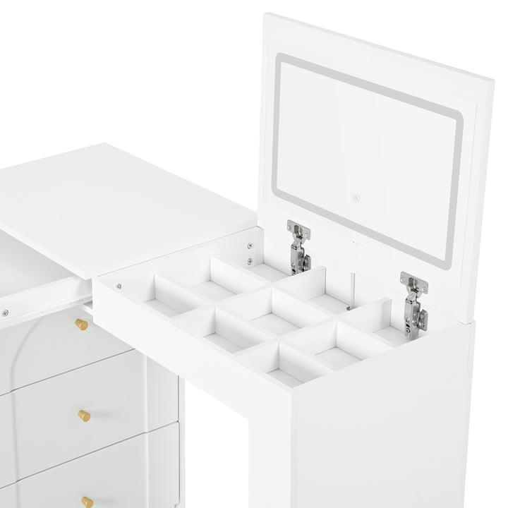 White L-shaped rotating vanity desk with LED mirror makeup table ELEGANT THROW HOME