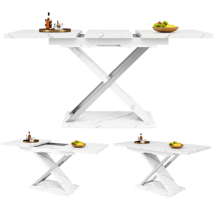 White marble-look extendable dining table cross legs design 118–157cm ASCENDIS