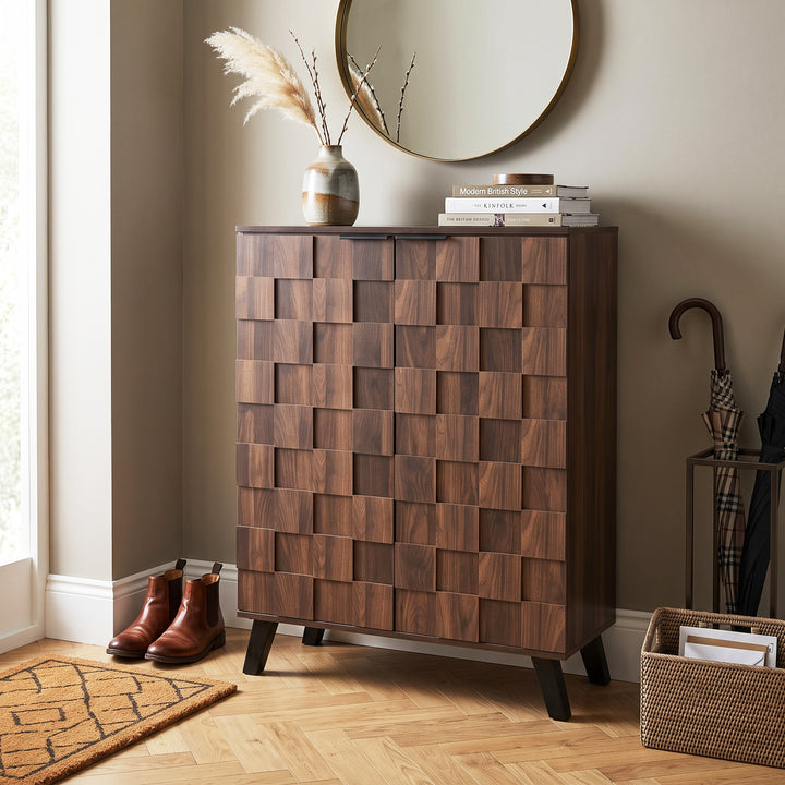 Walnut wooden shoe cabinet vintage geometric pattern with 2 doors CONCRETECLOCK