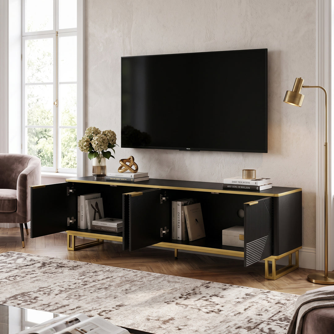 Luxury geometric texture TV stand, black & gold finish 4 doors CONCRETECURTAIN