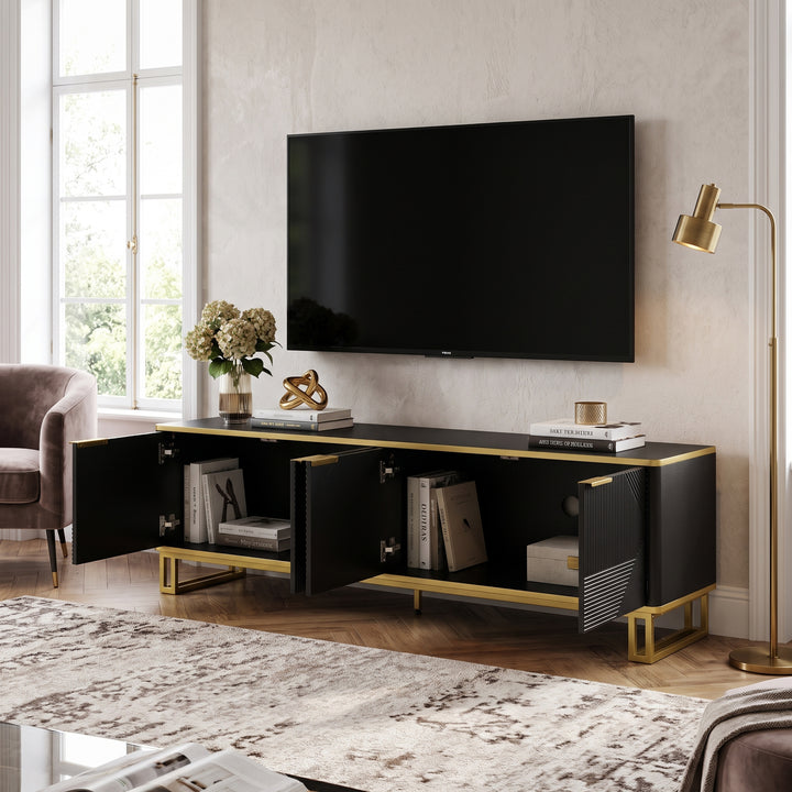 Luxury geometric texture TV stand, black & gold finish 4 doors CONCRETECURTAIN