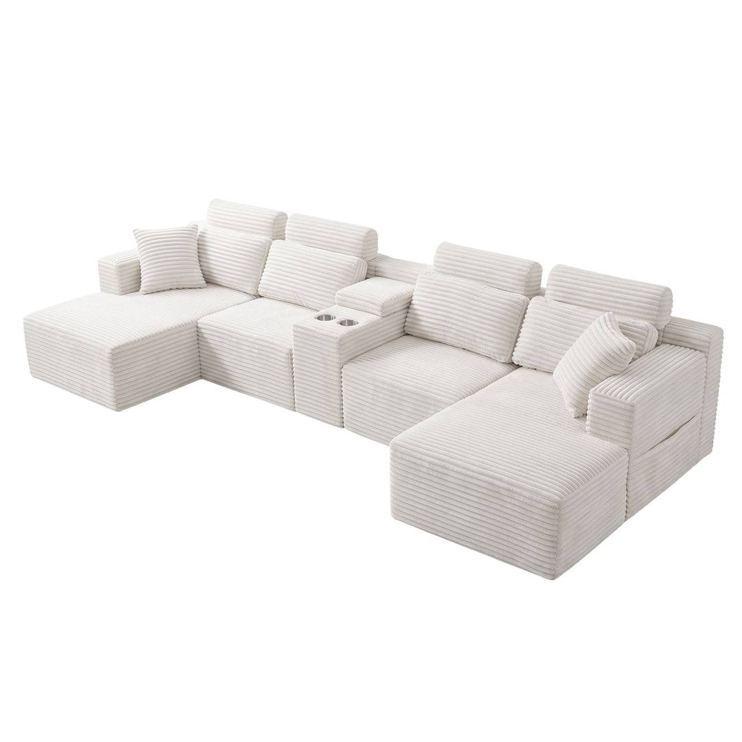Corduroy U-Shaped Sectional 4–6 Seater Sofa with Dual Chaises, Modular Couch with Console and Cup Holders 370cm ARROWBED