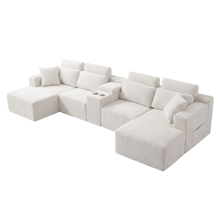 Corduroy U-Shaped Sectional 4–6 Seater Sofa with Dual Chaises, Modular Couch with Console and Cup Holders 370cm ARROWBED