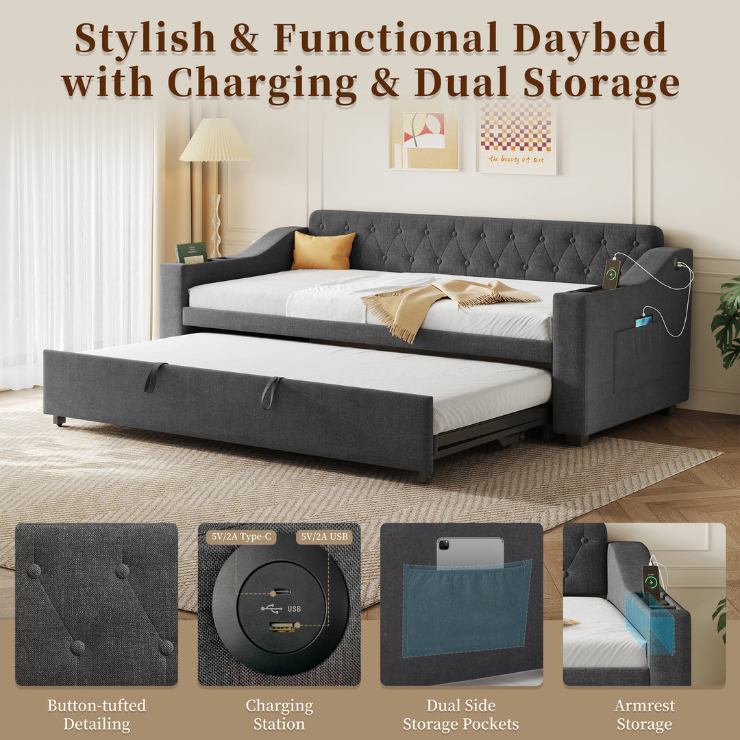 Dark grey linen tufted upholstered daybed with trundle and charging station CEARA