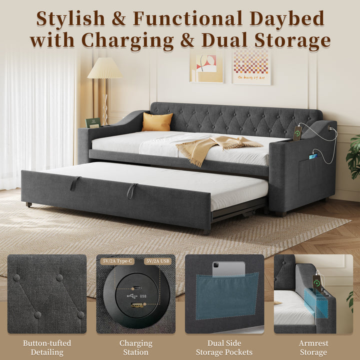 Dark grey linen tufted upholstered daybed with trundle and charging station CEARA