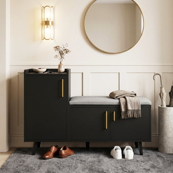 Modern L-shape black shoe storage bench, metal golden handles 100x34x69cm ELEGANT TABLE ART