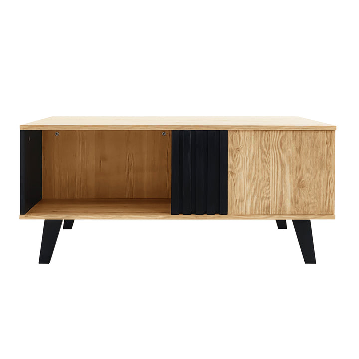 Modern wooden coffee table with black striped design, drawers & side storage WINGSEED