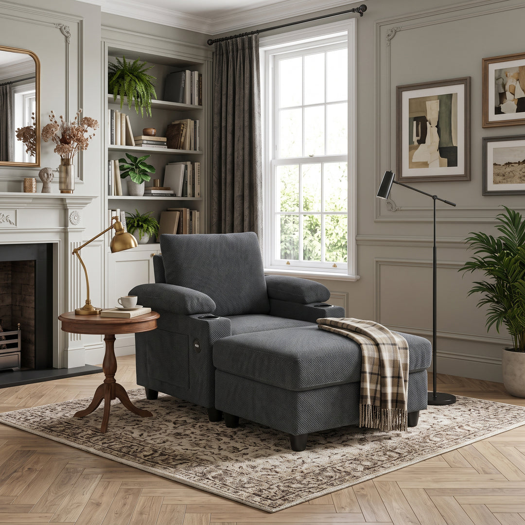 Multi-Functional Grey Corduroy Single Sofa with Adjustable Back and Hidden Storage Ottoman WOODPILLOW
