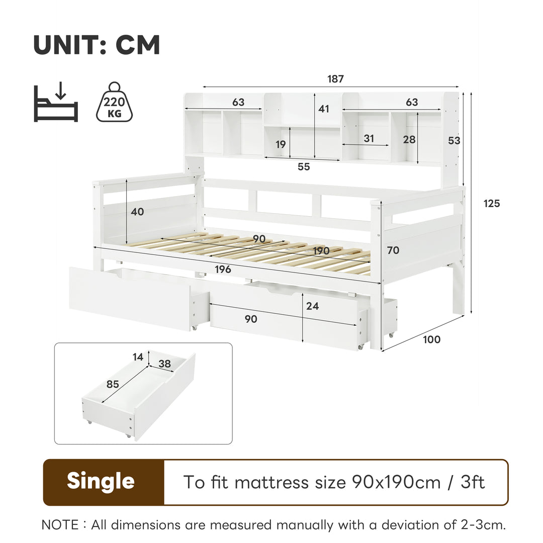 White wooden daybed with shelves and 2 drawers (90*190cm) SANDARAC
