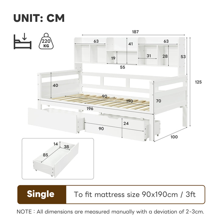 White wooden daybed with shelves and 2 drawers (90*190cm) SANDARAC