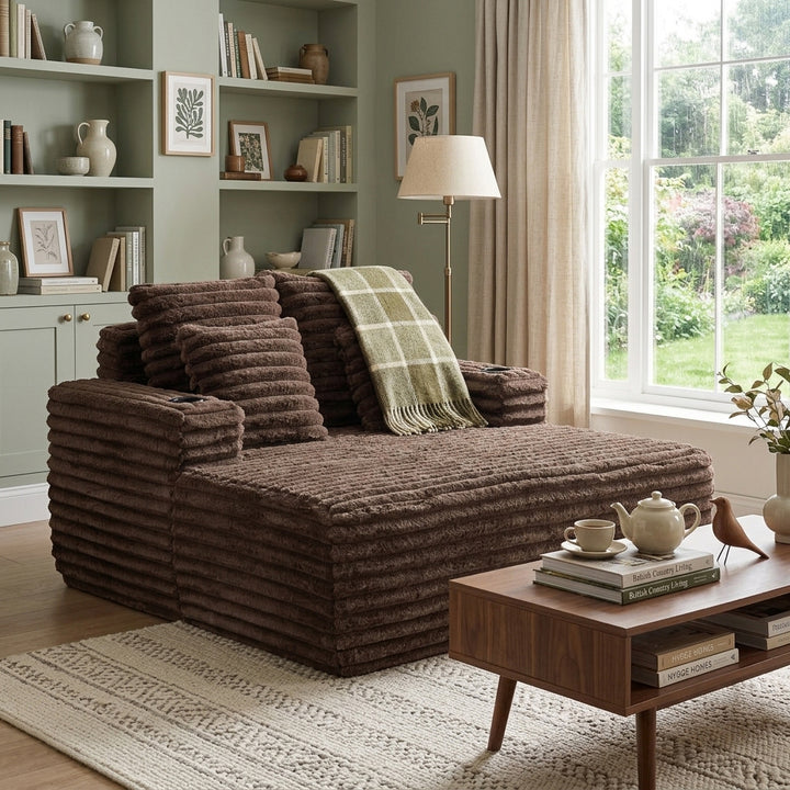 Brown Ribbed Velvet Extra-Large Lounge Chair with Cupholders WICKEROTTOMAN