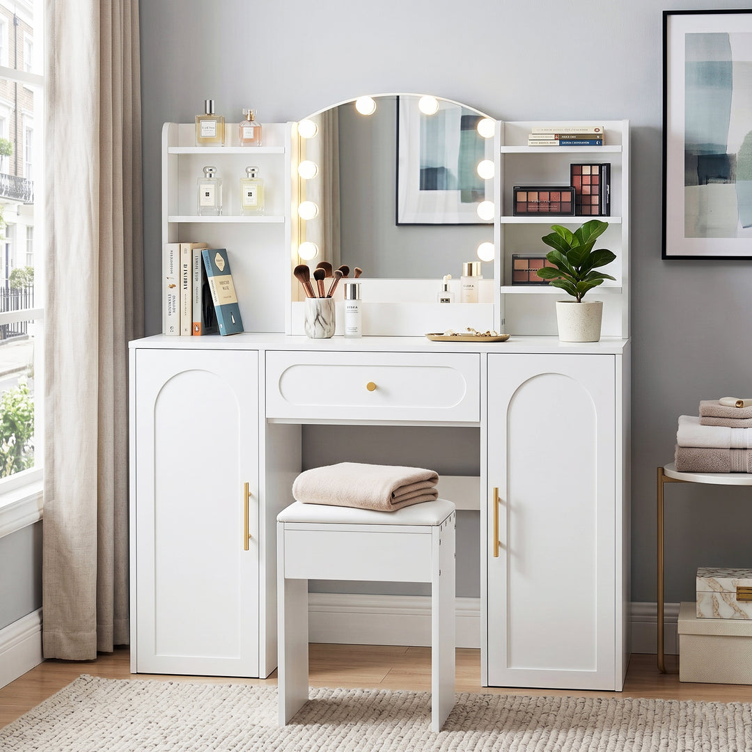 Modern white vanity makeup table with stool, LED mirror 110x40x132cm ELEGANT TABLE SET