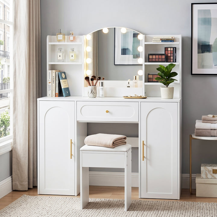 Modern white vanity makeup table with stool, LED mirror 110x40x132cm ELEGANT TABLE SET
