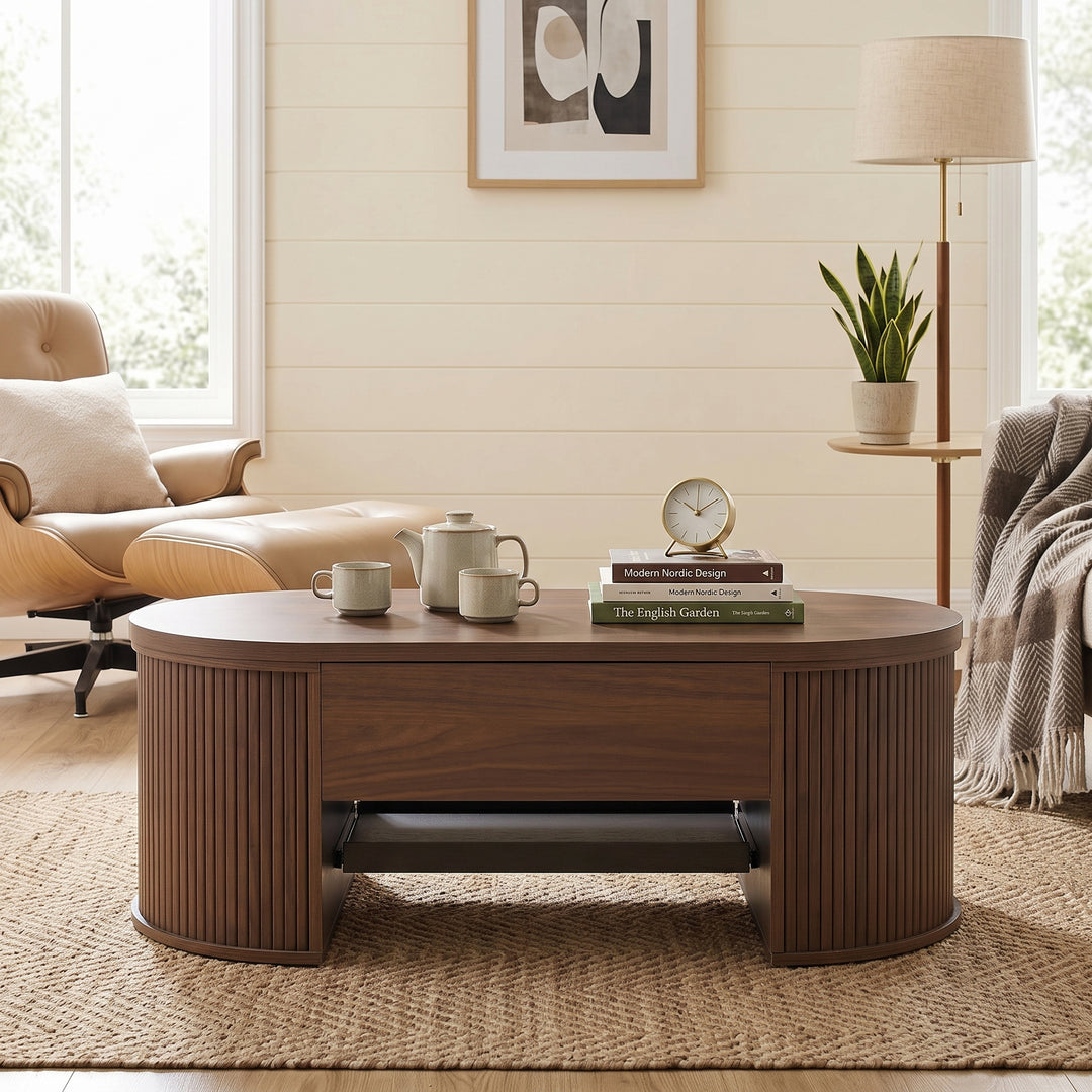 Walnut wooden oval lift-top coffee table with hidden storage and tray, rounded fluted design CONCRETEORGANIZER