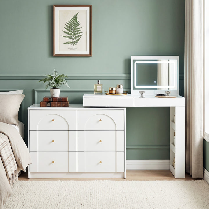 White L-shaped rotating vanity desk with LED mirror makeup table ELEGANT THROW HOME