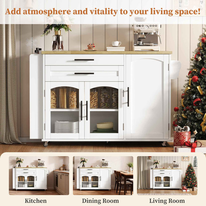 00+Mobile Kitchen Island Trolley White Foldable Worktop, 5 Wheels, Glass Doors, Storage Racks, Cutlery Drawer NOVAOR