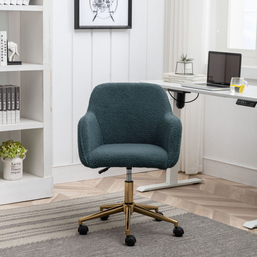 Grey teddy blue velvet office chair with armrests swivel wheel gold base TORQIL BLUE UK