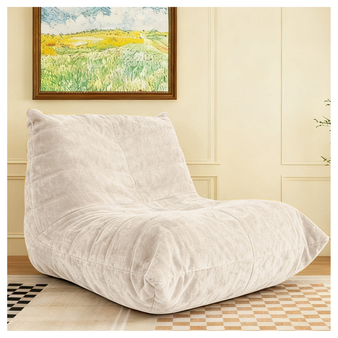 Comfy white chenille bean bag lazy sofa with full-body support & non-slip base SUNDIS