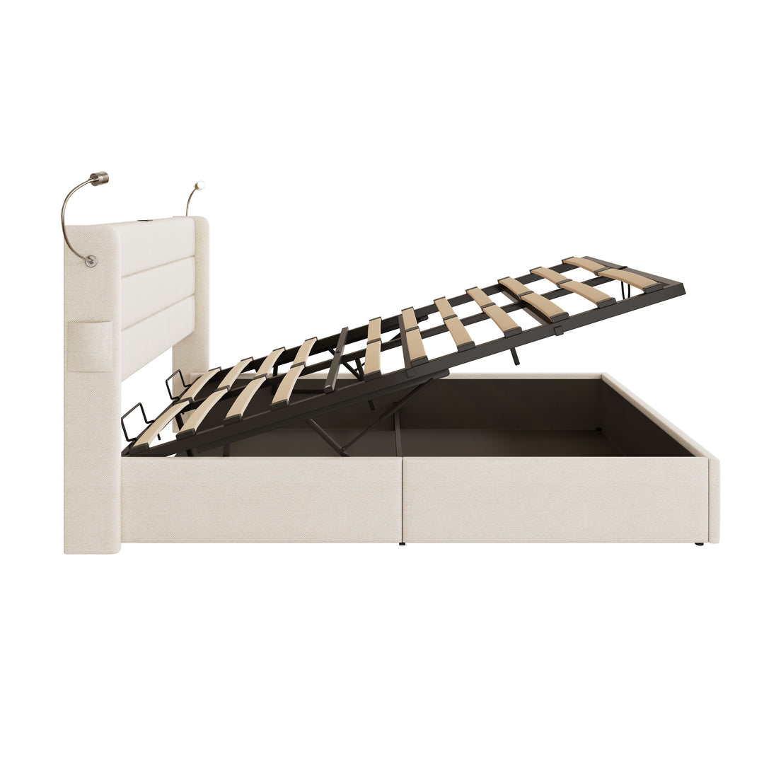 Beige linen upholstered king size divan bed with storage, lampe and charging station 150x200cm GRANULE UK
