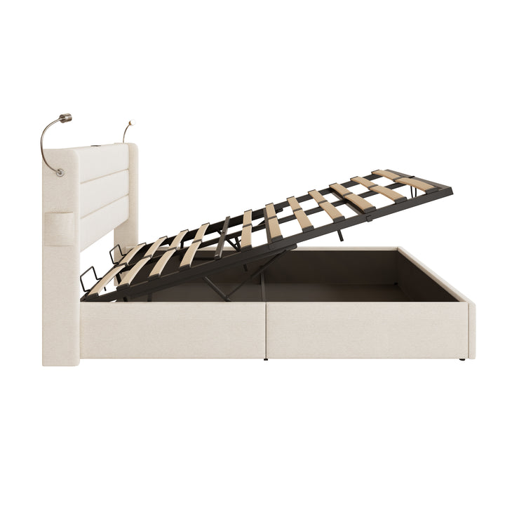 Beige linen upholstered king size divan bed with storage, lampe and charging station 150x200cm GRANULE UK