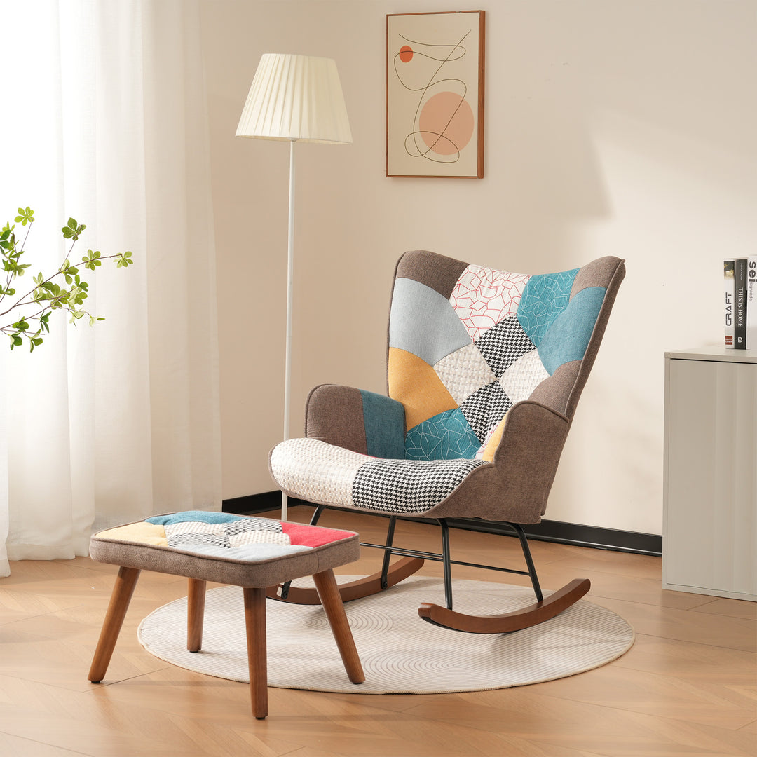 Patchwork wingback rocking chair with ottoman QHORNI UK