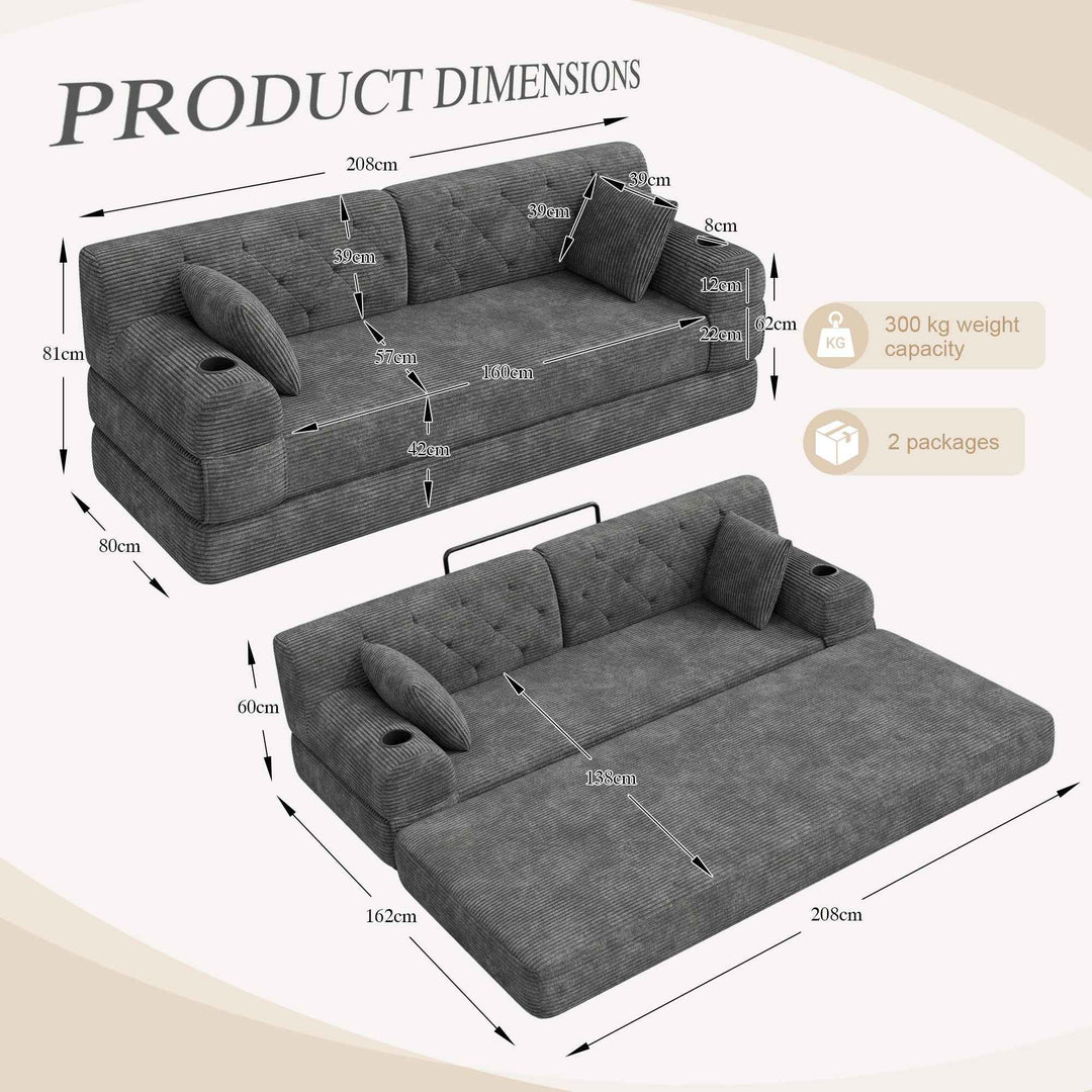 3-seater modular convertible sofa bed, corduroy dark grey with metal frame 208cm RACKPOINT