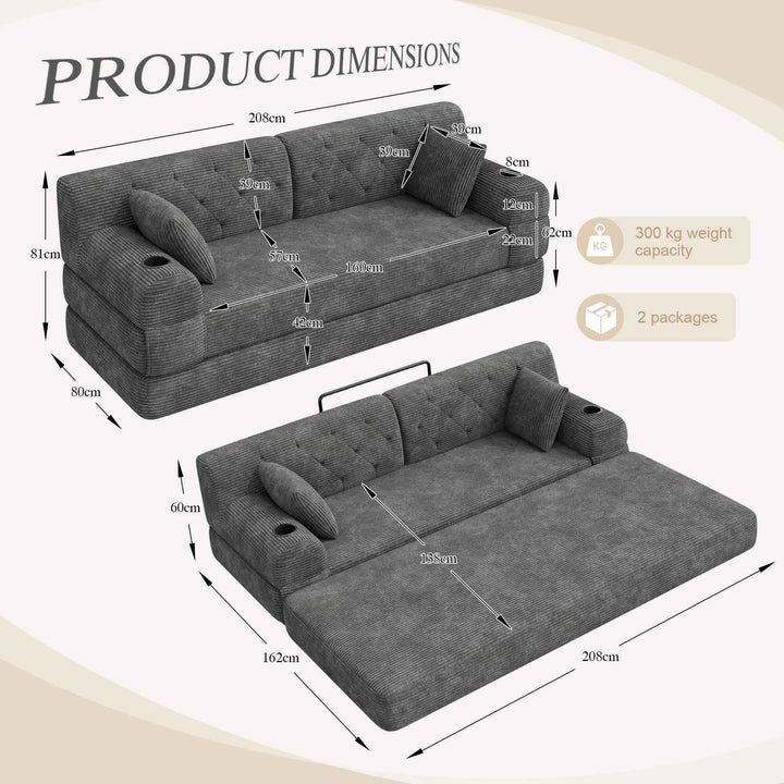 3-seater modular convertible sofa bed, corduroy dark grey with metal frame 208cm RACKPOINT