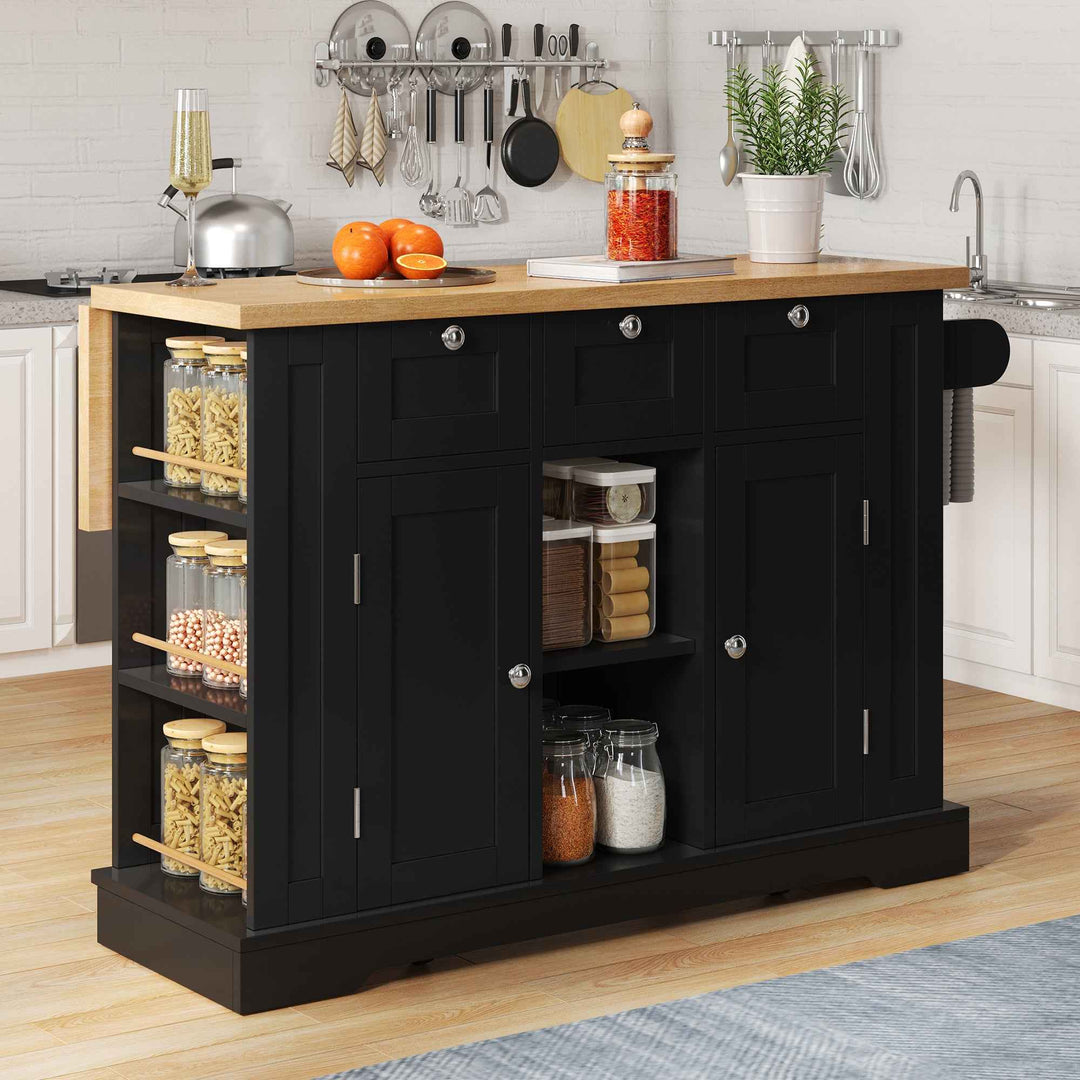 00+Kitchen Island on Wheels 132cm, Foldable Drop Leaf, MDF, Natural+Black, 3 Drawers, Spice Rack, Towel Holder, Charging Station VERTEXKORR
