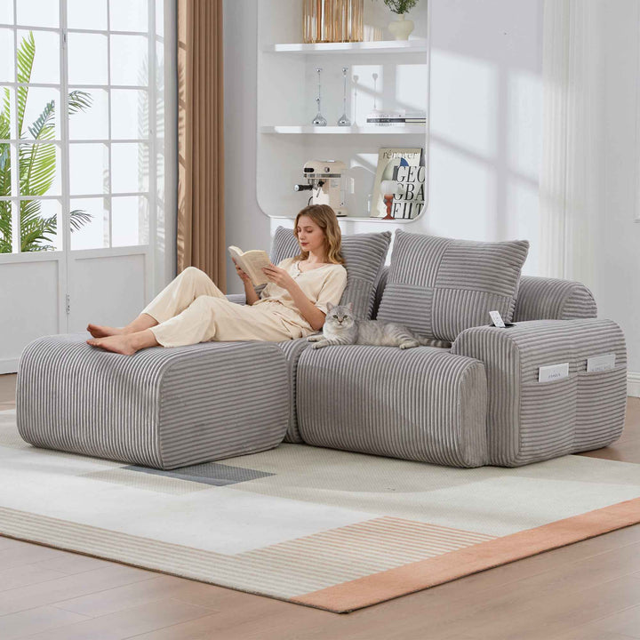 Modular 2-Seater Corduroy Sofa Set Light Grey with Ottomans, Cup Holders & Storage, Flexible Layout for Living Room or Family Space, Modern Style