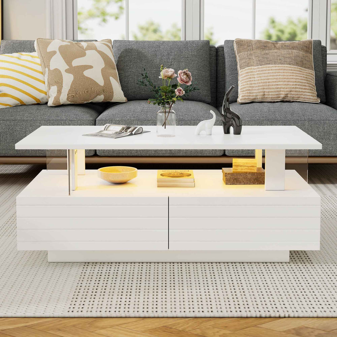 Coffee Table with LED Lights, 100x50x42.5cm, White Acrylic & Particleboard, 2 Drawers, Modern Storage Centre Table for Living Room, App-Controlled Lighting, Sturdy Rectangular Design